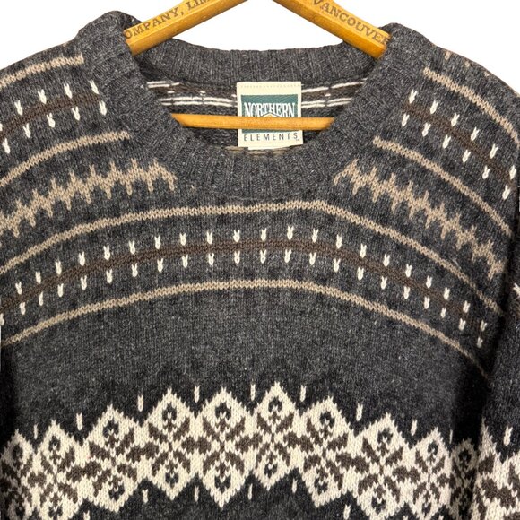 Vintage Wool Blend Grandpa Sweater Gray Fair-isle Knit Cabincore Nordic Chunky - Picture 5 of 9